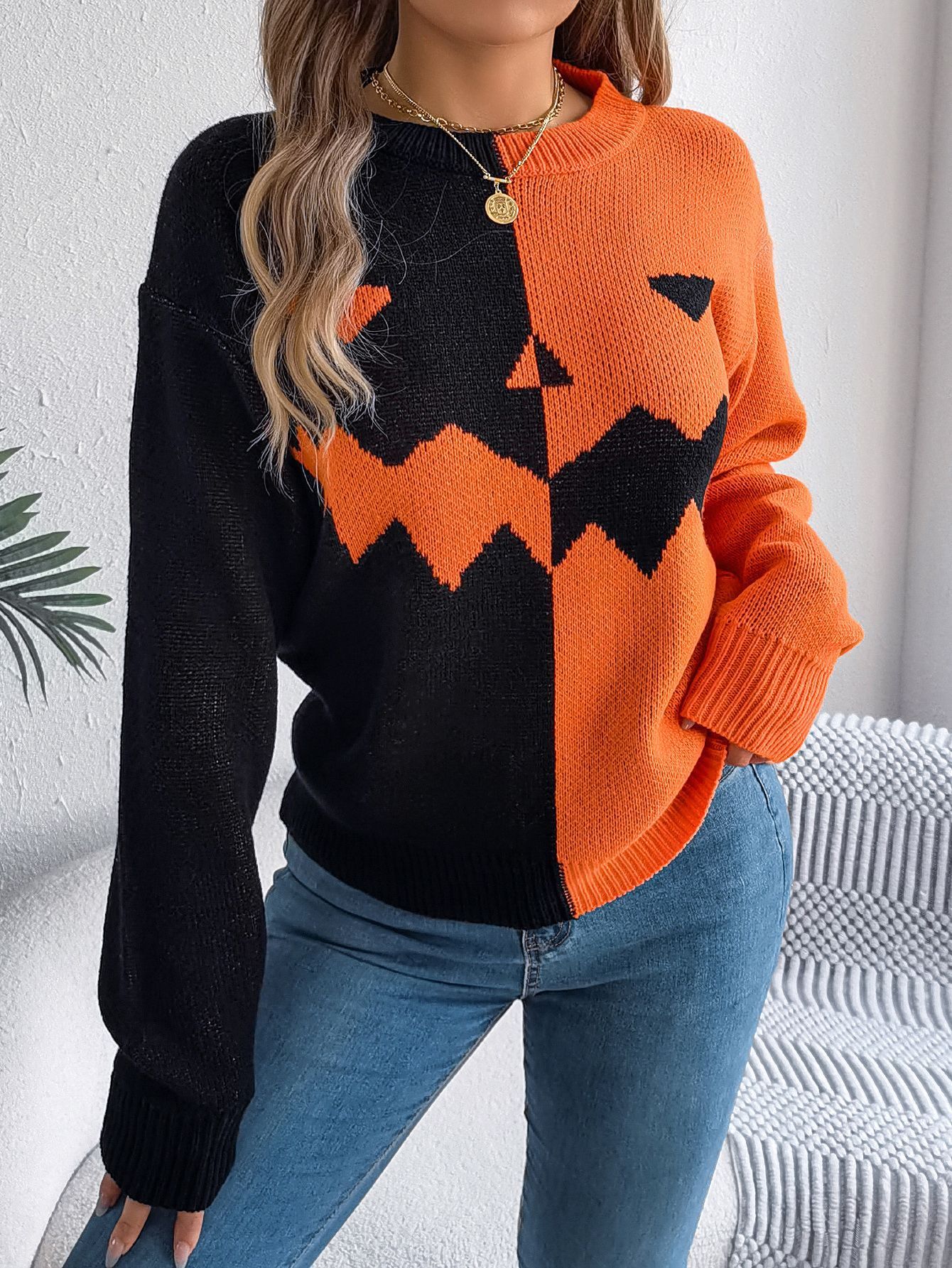 Halloween Contrast-color Pullover Sweater Fashion Long Sleeve Knitted Tops For Womens Clothing CJDropShiping