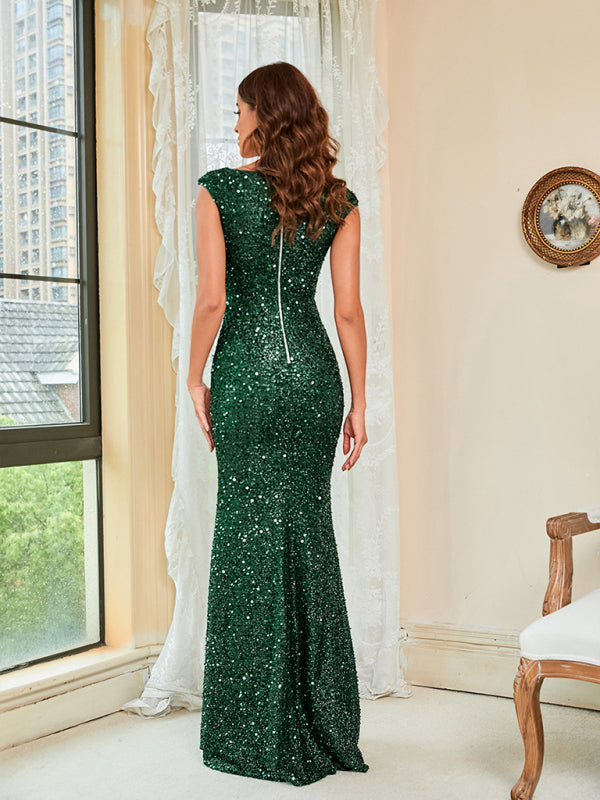 Woman'S Sequin Temperament Green Sling Mid Waist Party Long Floor Dress kakaclo