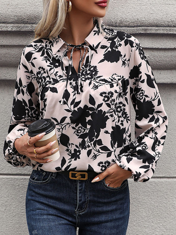 Women's new V-neck lace-up printed shirt kakaclo