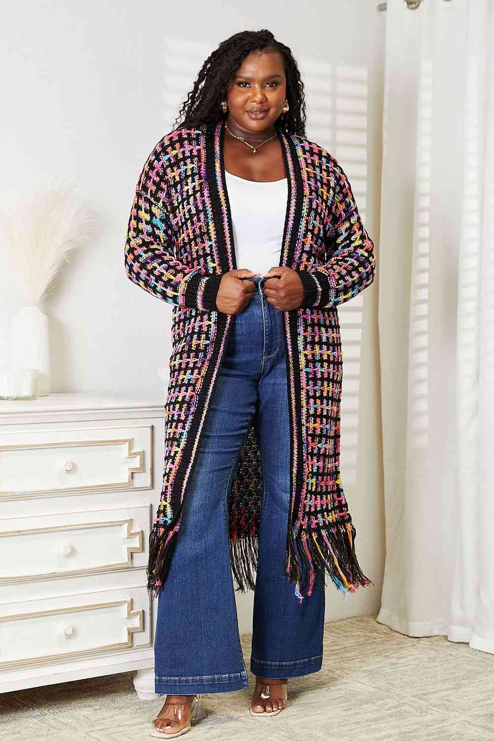Double Take Full Size Multicolored Open Front Fringe Hem Cardigan Trendsi