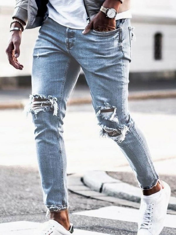 Men's solid casual ripped pencil jeans kakaclo