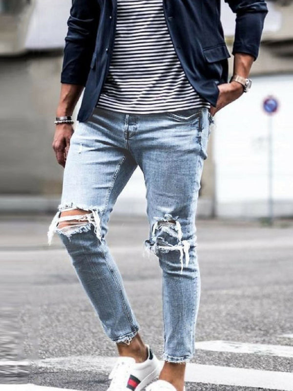 Men's solid casual ripped pencil jeans kakaclo