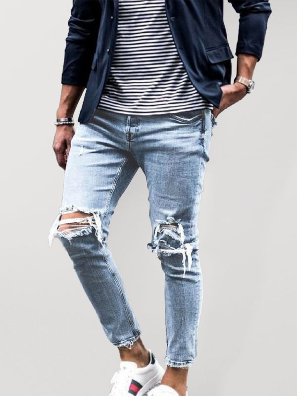 Men's solid casual ripped pencil jeans kakaclo