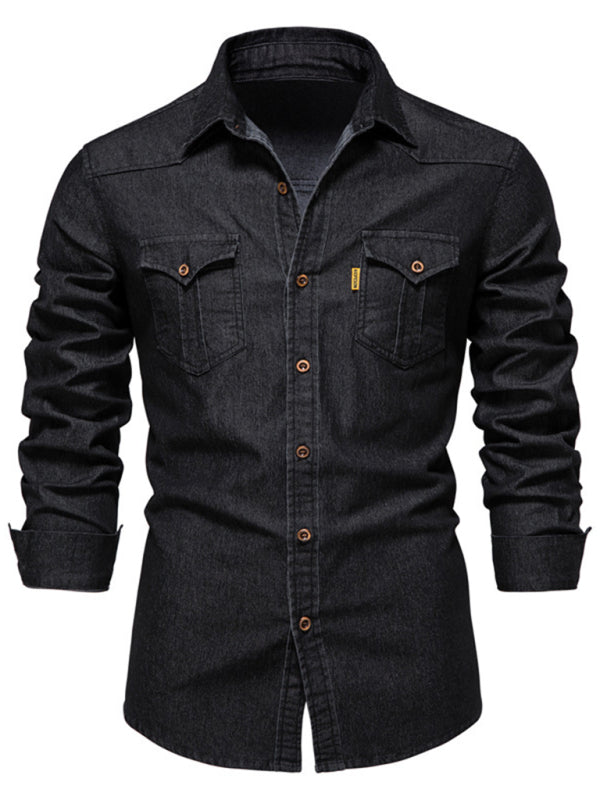 Denim non-iron shirt men's casual solid color non-iron men's long-sleeved shirt kakaclo