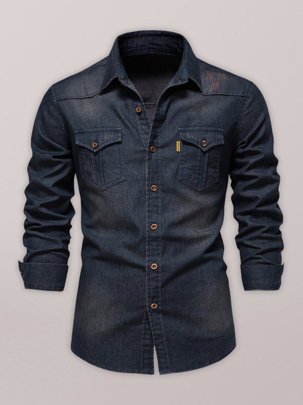 Denim non-iron shirt men's casual solid color non-iron men's long-sleeved shirt kakaclo