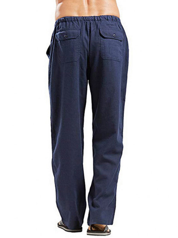 Men's Solid Color Linen Blend Drawstring Pants kakaclo