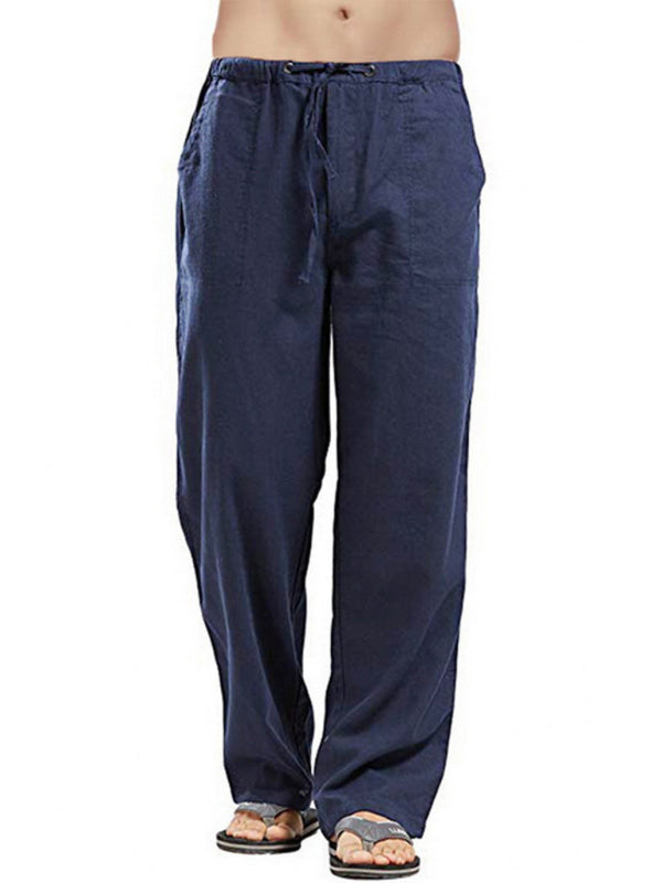 Men's Solid Color Linen Blend Drawstring Pants kakaclo