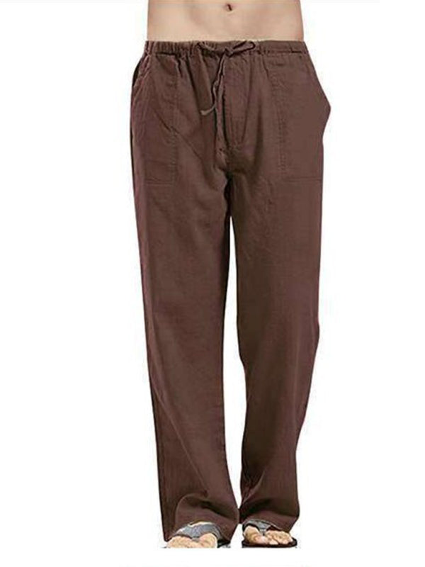 Men's Solid Color Linen Blend Drawstring Pants kakaclo