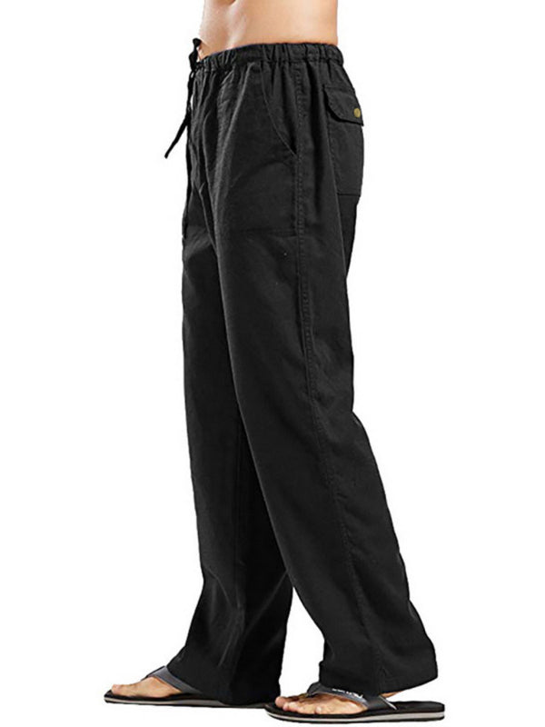 Men's Solid Color Linen Blend Drawstring Pants kakaclo