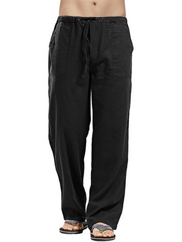 Men's Solid Color Linen Blend Drawstring Pants kakaclo
