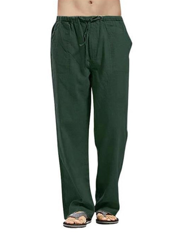 Men's Solid Color Linen Blend Drawstring Pants kakaclo