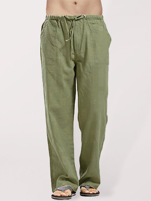 Men's Solid Color Linen Blend Drawstring Pants kakaclo
