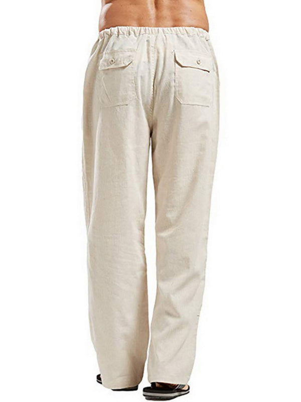 Men's Solid Color Linen Blend Drawstring Pants kakaclo