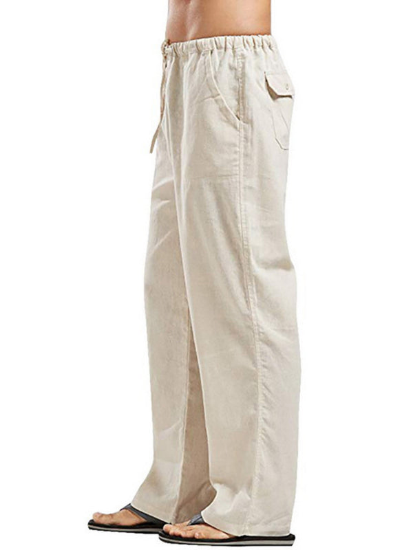 Men's Solid Color Linen Blend Drawstring Pants kakaclo