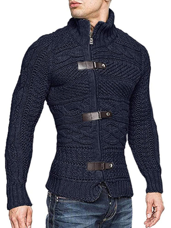 Men's Leather Button Long Sleeve Knitted Cardigan Jacket kakaclo