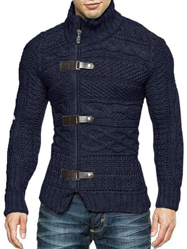 Men's Leather Button Long Sleeve Knitted Cardigan Jacket kakaclo
