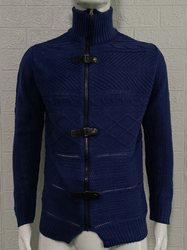 Men's Leather Button Long Sleeve Knitted Cardigan Jacket kakaclo