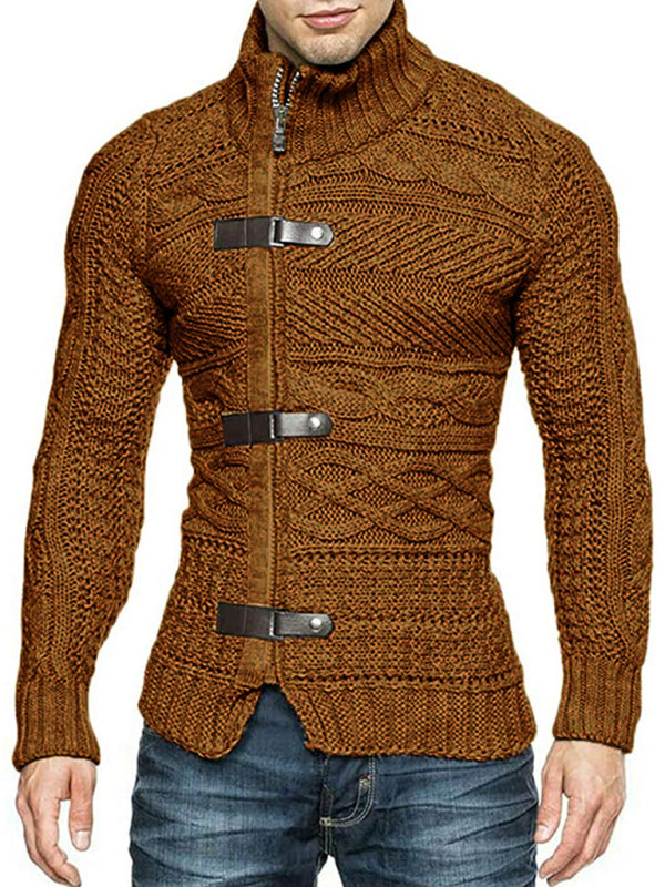Men's Leather Button Long Sleeve Knitted Cardigan Jacket kakaclo