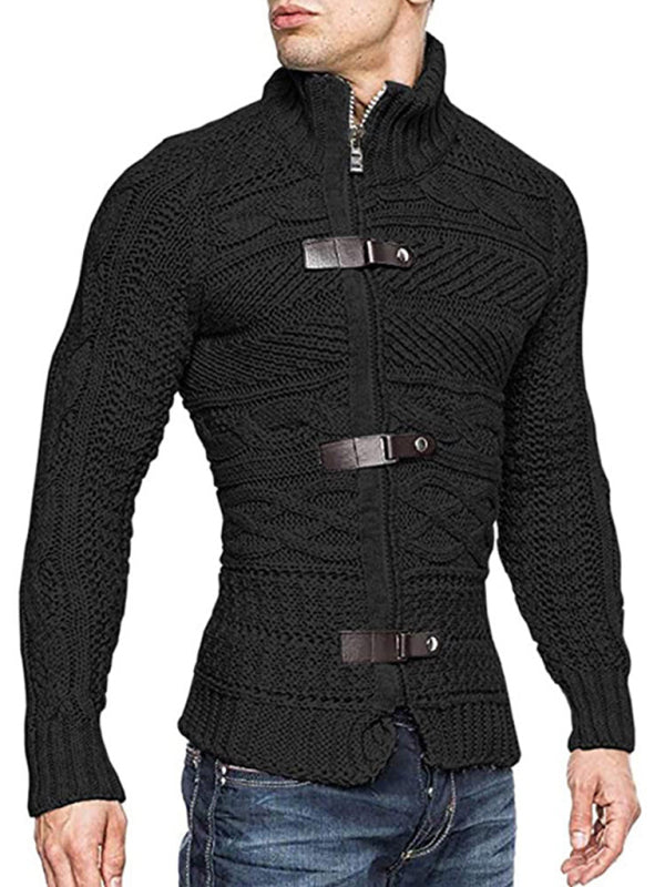 Men's Leather Button Long Sleeve Knitted Cardigan Jacket kakaclo