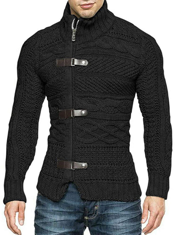 Men's Leather Button Long Sleeve Knitted Cardigan Jacket kakaclo