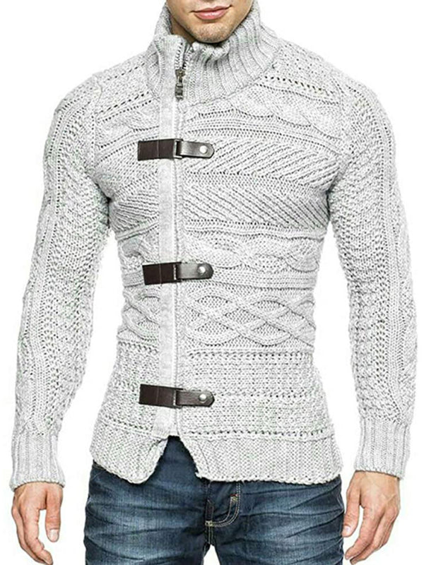 Men's Leather Button Long Sleeve Knitted Cardigan Jacket kakaclo