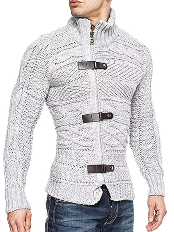 Men's Leather Button Long Sleeve Knitted Cardigan Jacket kakaclo