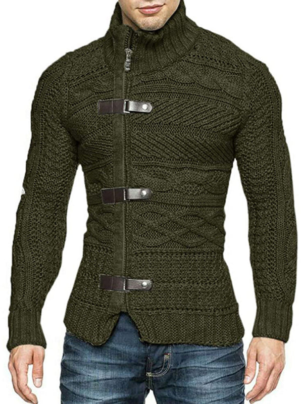 Men's Leather Button Long Sleeve Knitted Cardigan Jacket kakaclo
