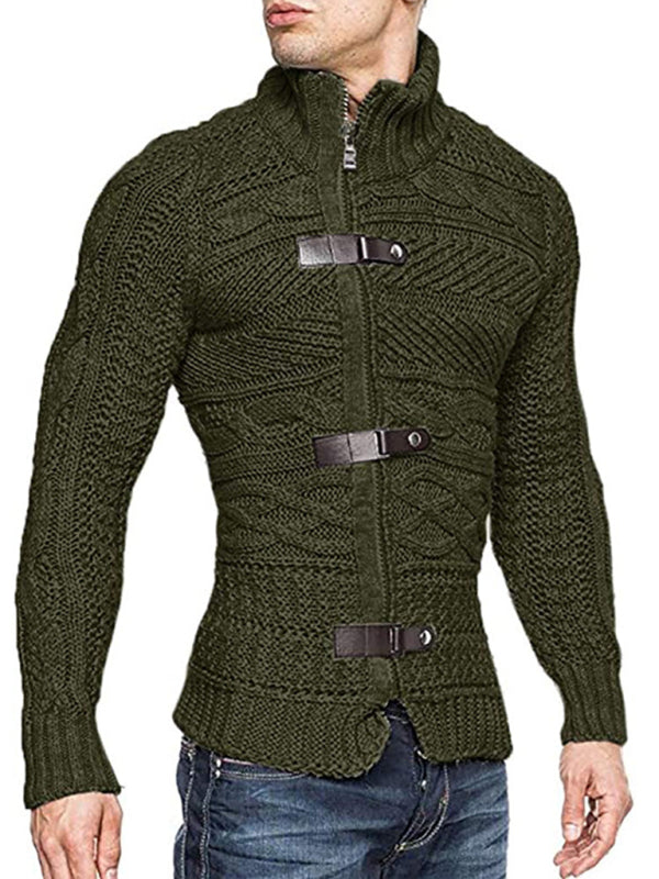 Men's Leather Button Long Sleeve Knitted Cardigan Jacket kakaclo