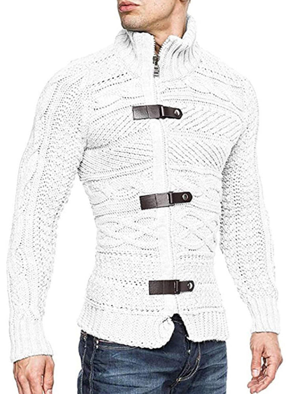 Men's Leather Button Long Sleeve Knitted Cardigan Jacket kakaclo
