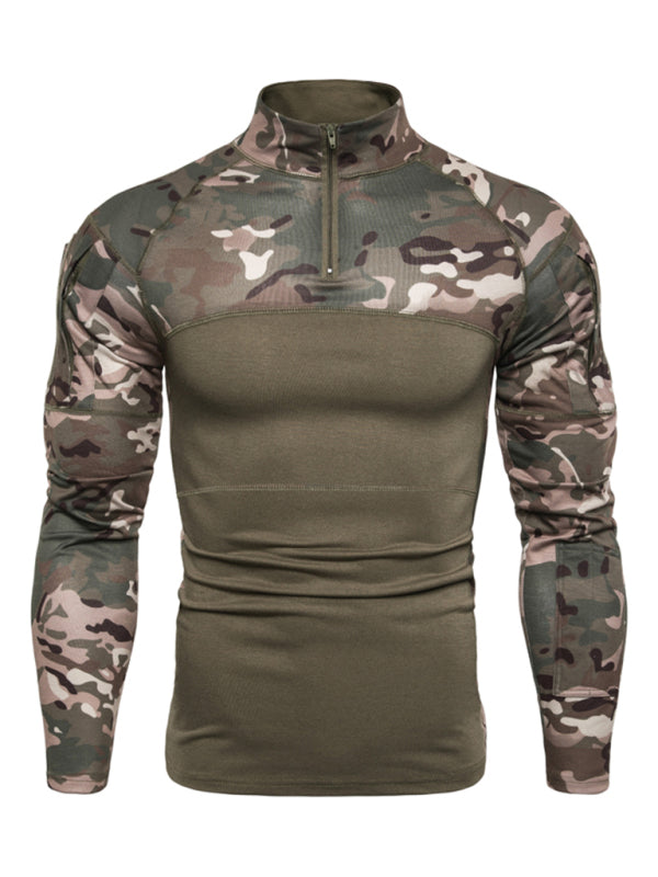 Men's Military Field Outdoor Elastic Fitness Camouflage Long Sleeve Zipper Pocket T-Shirt kakaclo