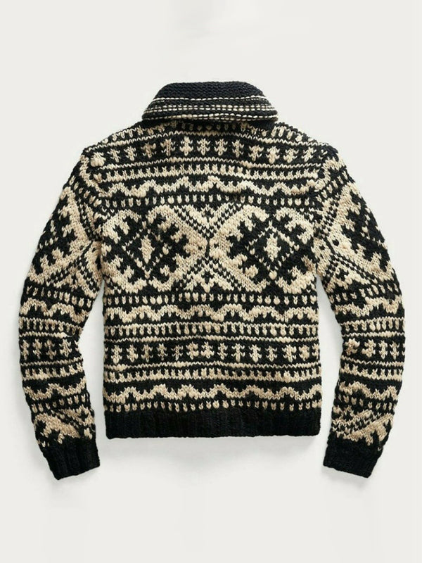 Men's Jacquard Knit Jacket Lapel Long Sleeve Jacket Sweater kakaclo