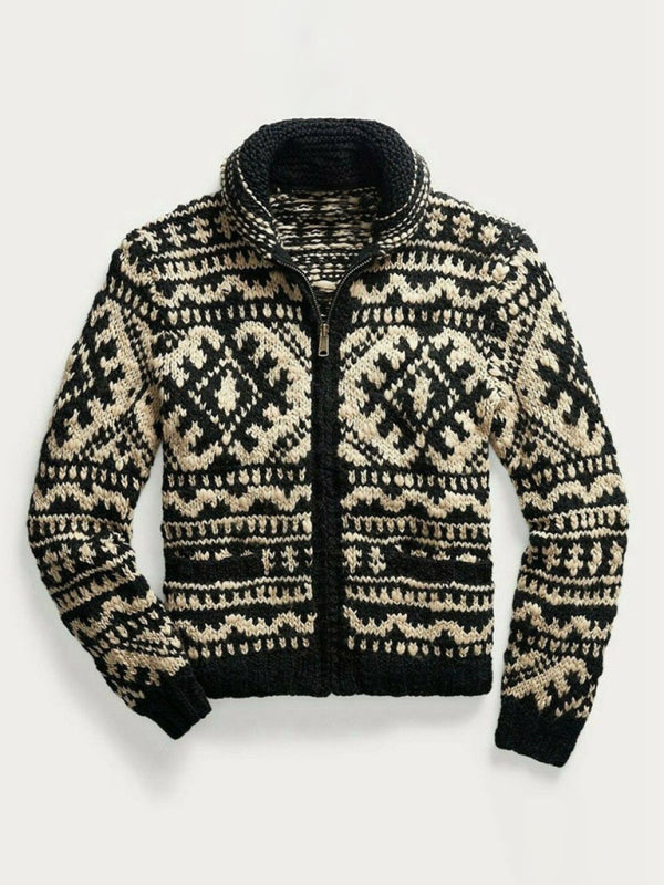 Men's Jacquard Knit Jacket Lapel Long Sleeve Jacket Sweater kakaclo
