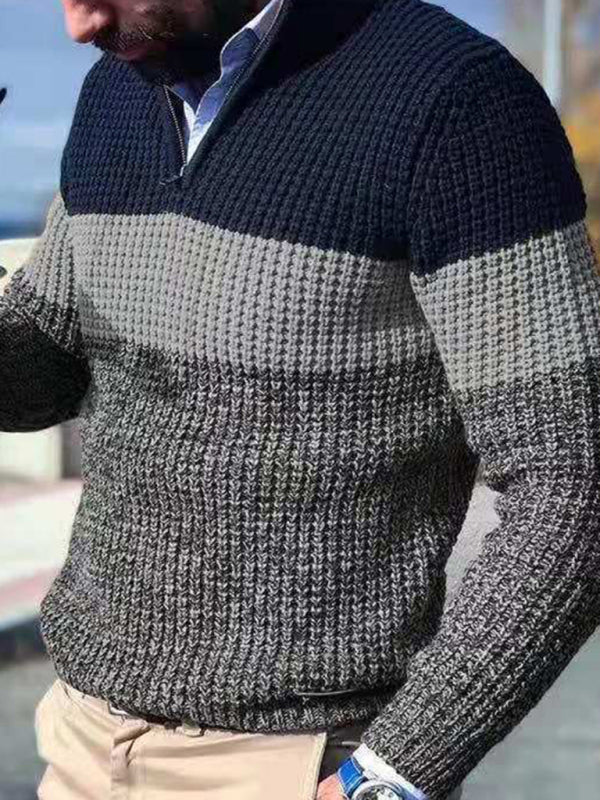 Men's stand-up collar zippered half-platform color-blocked casual V-neck sweater kakaclo