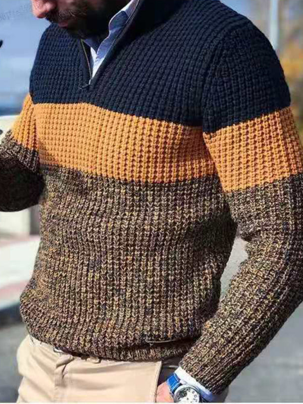 Men's stand-up collar zippered half-platform color-blocked casual V-neck sweater kakaclo