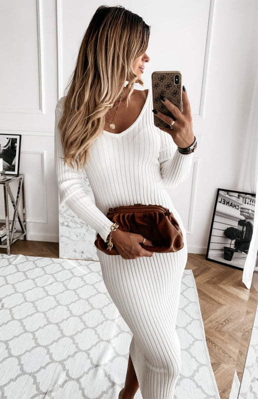 Autumn Winter Solid Long Sleeve Dress kakaclo