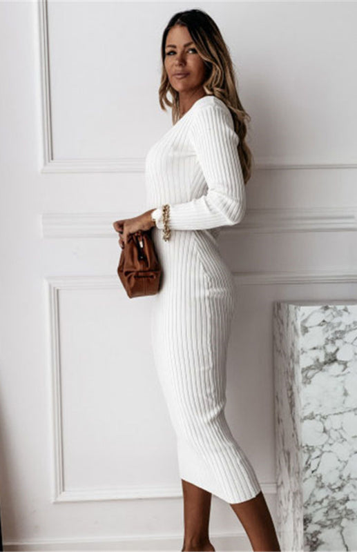 Autumn Winter Solid Long Sleeve Dress kakaclo