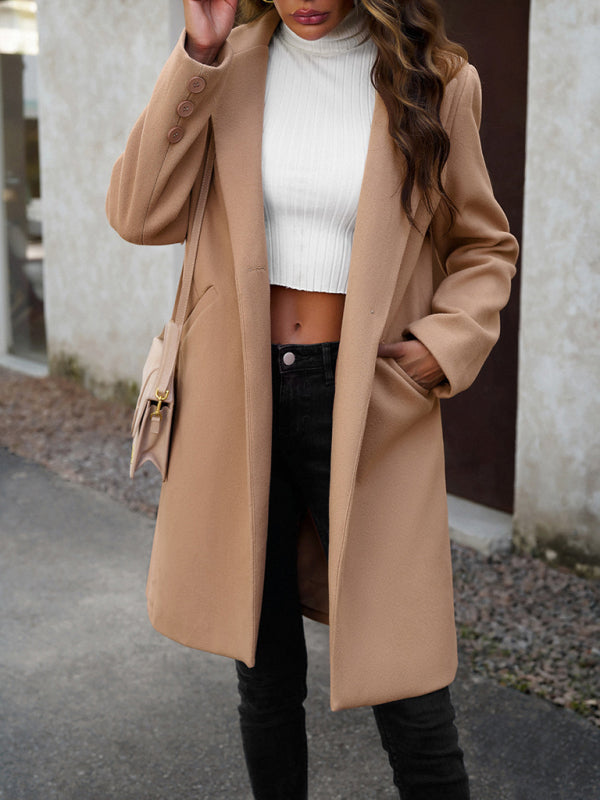 Women's fashion woolen coat solid color temperament commuter cardigan coat kakaclo