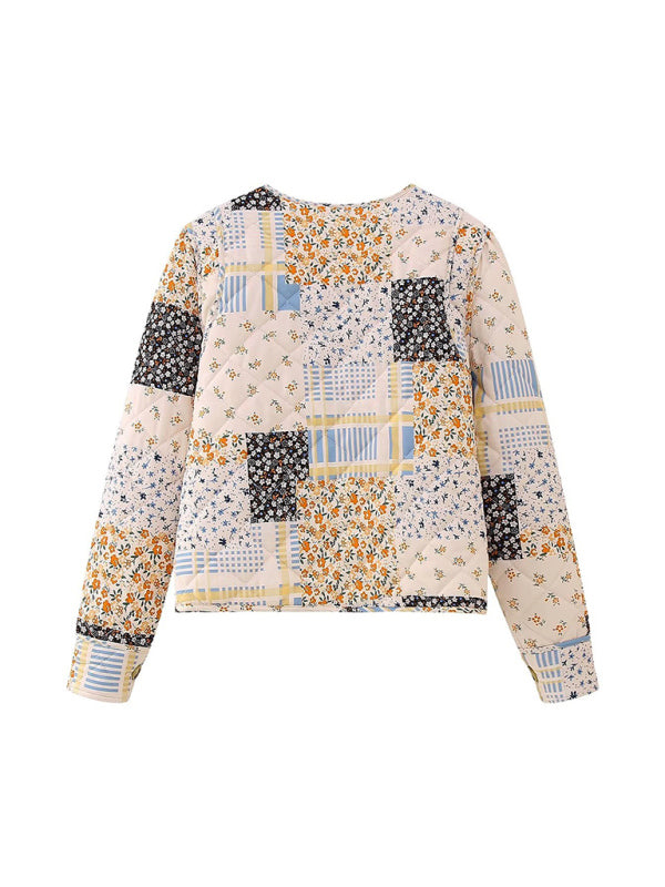 Color Block Print Loose Thin Cotton Jacket kakaclo