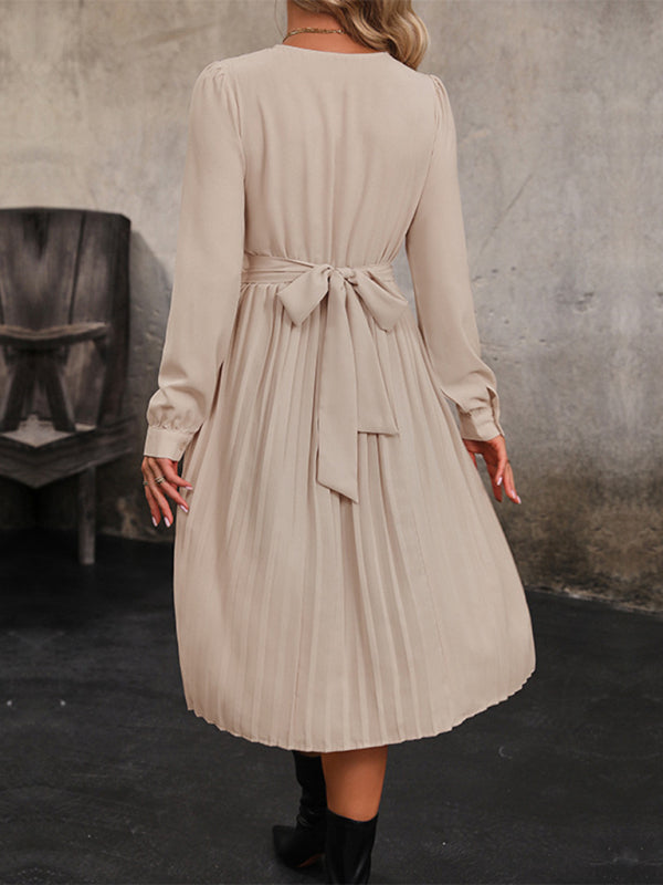 New women's long sleeve solid color pleated waist dress kakaclo