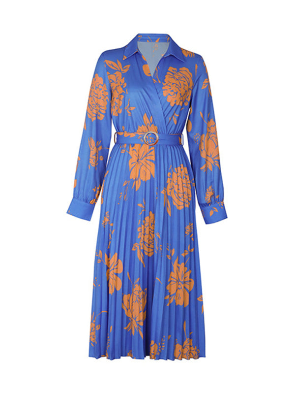 New Women's Floral Contrast Print Waist V-Neck Dress kakaclo
