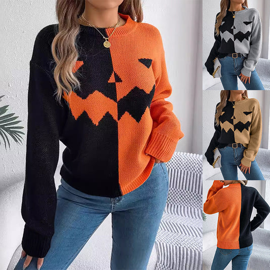 Halloween Contrast-color Pullover Sweater Fashion Long Sleeve Knitted Tops For Womens Clothing CJDropShiping