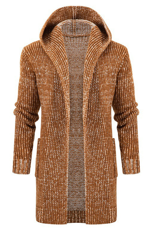 Men's Mid Length Hooded Knit Cardigan Horn Buckle Hooded Long Sweater kakaclo