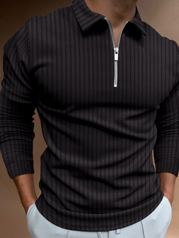 Men's solid color zipper striped long-sleeved POLO shirt kakaclo