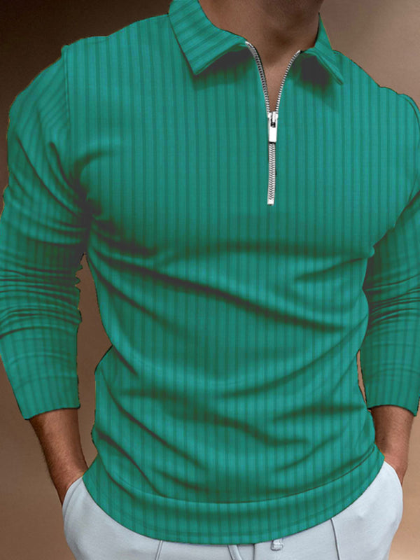 Men's solid color zipper striped long-sleeved POLO shirt kakaclo