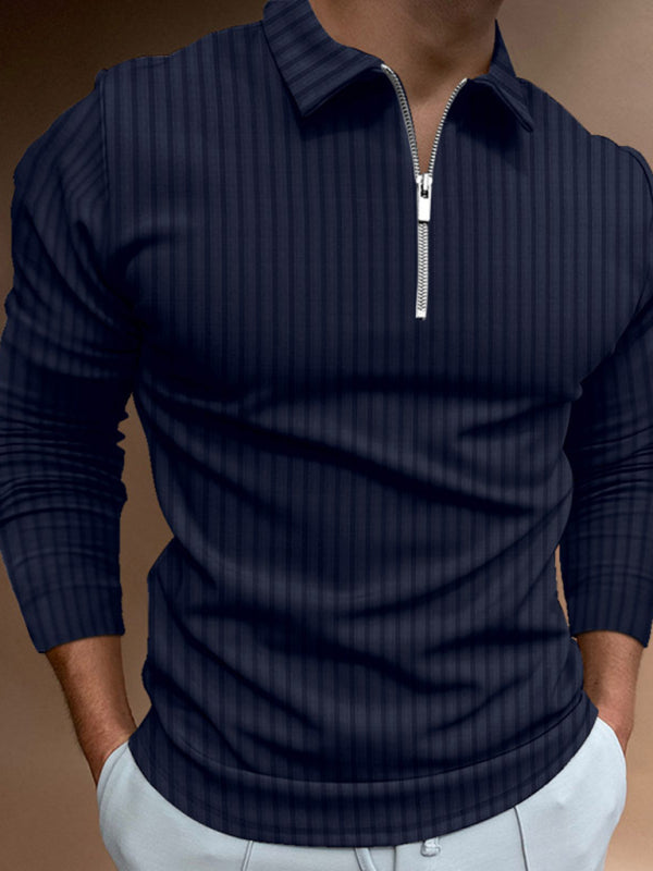 Men's solid color zipper striped long-sleeved POLO shirt kakaclo