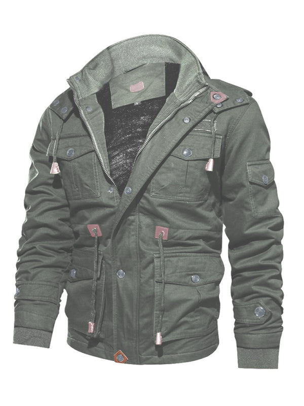 Men's Mid-Length Loose Stand Collar Hooded Cotton Top Youth Men's Jacket kakaclo