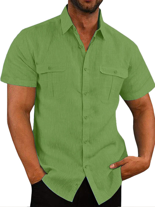 Men's Shirt Double Pocket Cotton Linen Short Sleeve Shirt Casual Vacation Shirt kakaclo