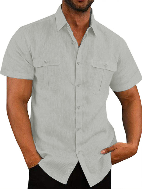 Men's Shirt Double Pocket Cotton Linen Short Sleeve Shirt Casual Vacation Shirt kakaclo
