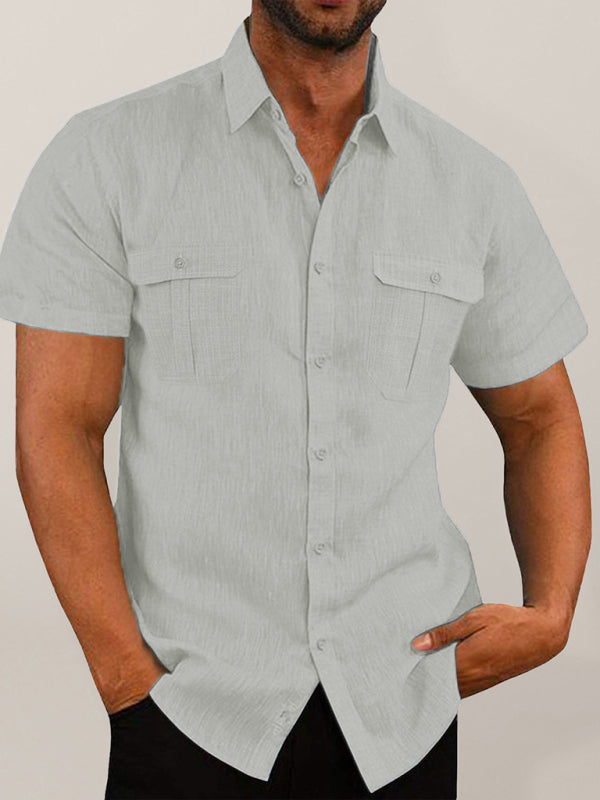 Men's Shirt Double Pocket Cotton Linen Short Sleeve Shirt Casual Vacation Shirt kakaclo