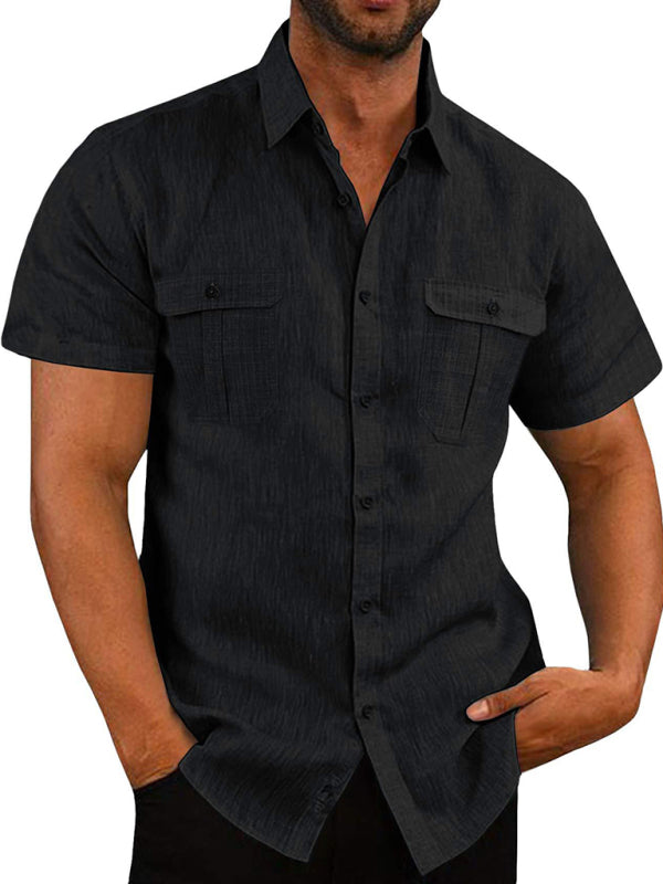 Men's Shirt Double Pocket Cotton Linen Short Sleeve Shirt Casual Vacation Shirt kakaclo